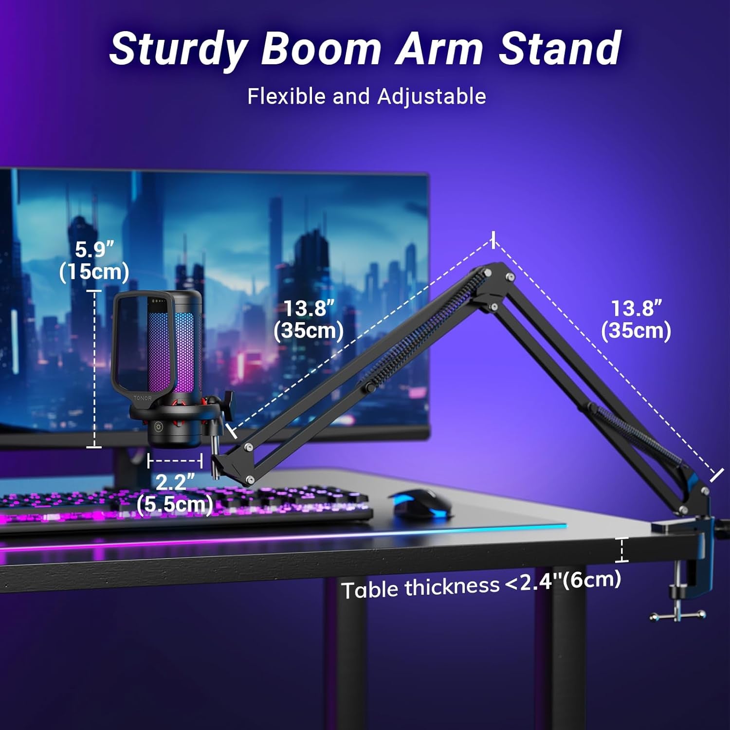 Gaming Microphone Set with Boom Arm, Vocal Condenser Microphone for Content Creators, USB Mic for PC with Stand, RGB, Tap Mute, Gain Control, Gaming Equipemnt, Twitch, Streaming, TC310+ | Boom Arm Set, USB Mic with Controllable Light, One Tap Mute, Volume Control, for Discord, Twitch Streaming, Black, TC310+