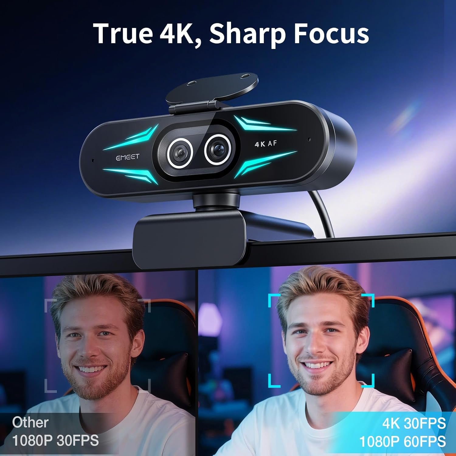 C60E Dual-Camera 4K Webcam for Streaming, Wide-Angle & Telephoto | Max 11X Hybrid Zoom & PDAF Autofocus, Remote Control, RGB Lighting, 2 Mics, Ideal for Livestreaming and Online Meeting