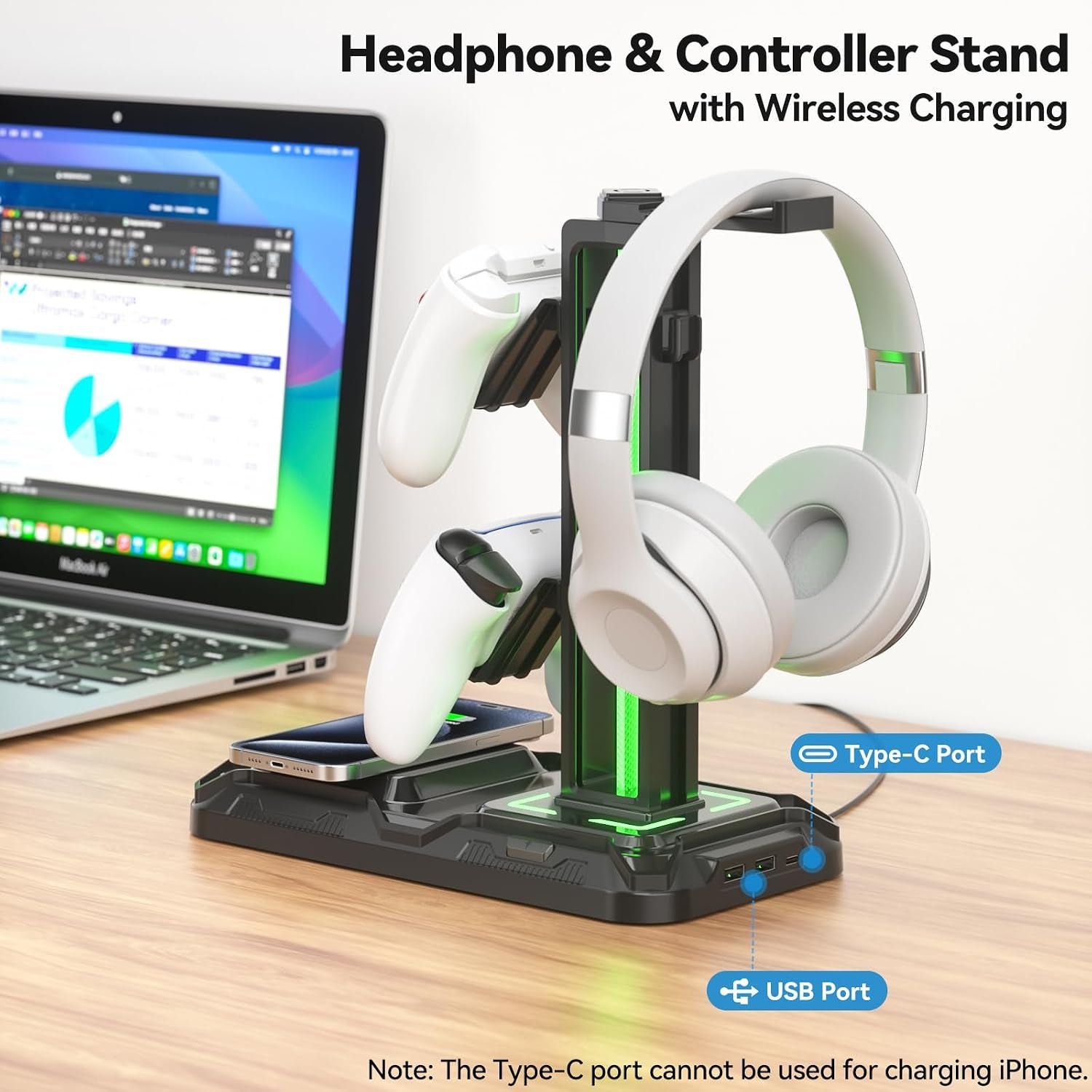 Headphone & Controller Stand with Wireless Charging - Rotatable Headset Stand with 9 Light Modes - Controller Holder with 2 USB and Type C Ports - for Gamers Desktop Accessories