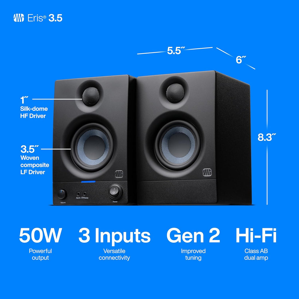 Eris 3.5 Powered Studio Monitors, Pair — 3.5” Active near | -Field Desktop Speakers for Music Production, Gaming, Movies & Hi-Fi | 50W, Woven-Composite Woofer, Silk-Dome Tweeter, Black