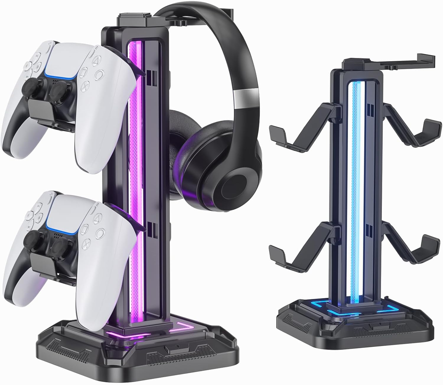 RGB Headset Stand with 9 Light Modes - Controller Holder for Desk - Rotatable Headphone Stand & Detachable Controller Hook for PC Earphone Accessories(Black)