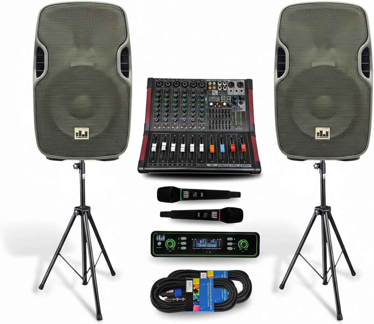 Pa System with Wireless Microphone and Speakers 12", 2000W | Built-In Amplifier W/6 Channel Audio Mixer System, Wireless UHF Microphone, 1000W Passive Speaker, Dual Tripod Stands