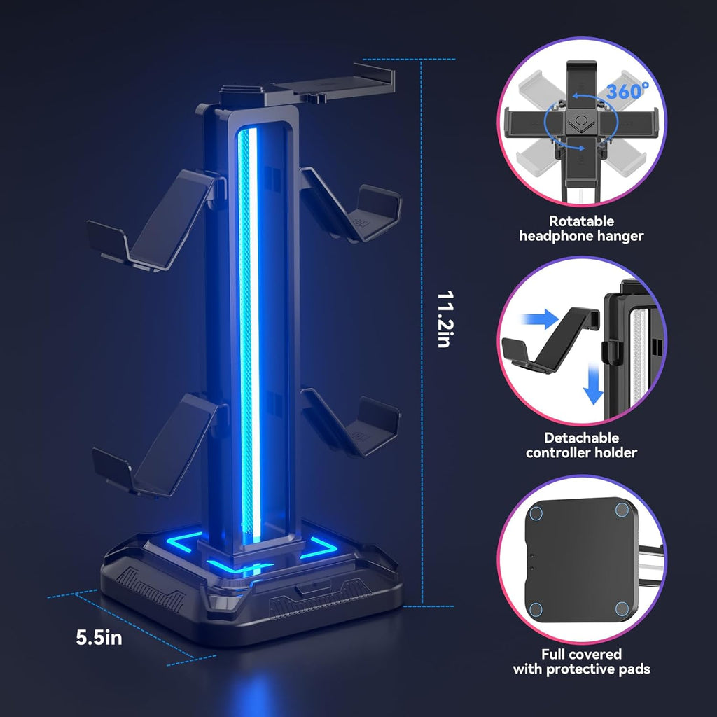 RGB Headset Stand with 9 Light Modes - Controller Holder for Desk - Rotatable Headphone Stand & Detachable Controller Hook for PC Earphone Accessories(Black)