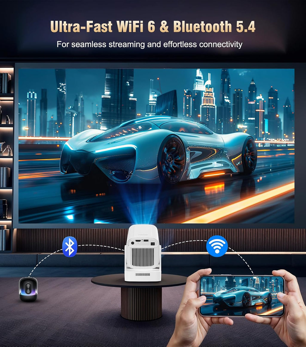 【Auto Focus&1080P】 Mini Smart Projector 4K Support, Built in Apps | Portable Projector with Wifi 6 and Bluetooth 5.4, Auto Keystone, 5W Speaker, Android 14, Voice Control, Home Movie Proyector