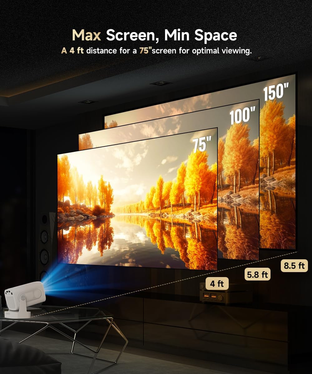 【Auto Focus&1080P】 Mini Smart Projector 4K Support, Built in Apps | Portable Projector with Wifi 6 and Bluetooth 5.4, Auto Keystone, 5W Speaker, Android 14, Voice Control, Home Movie Proyector