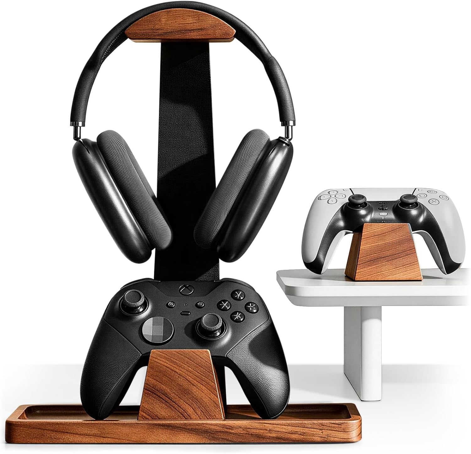 Headphone and Headset Stand with Controller Holders for Gaming Desk | Solid Wood, Holds 2 Controllers, Storage Tray for Gaming Accessories, Compatible with PS5 and Xbox