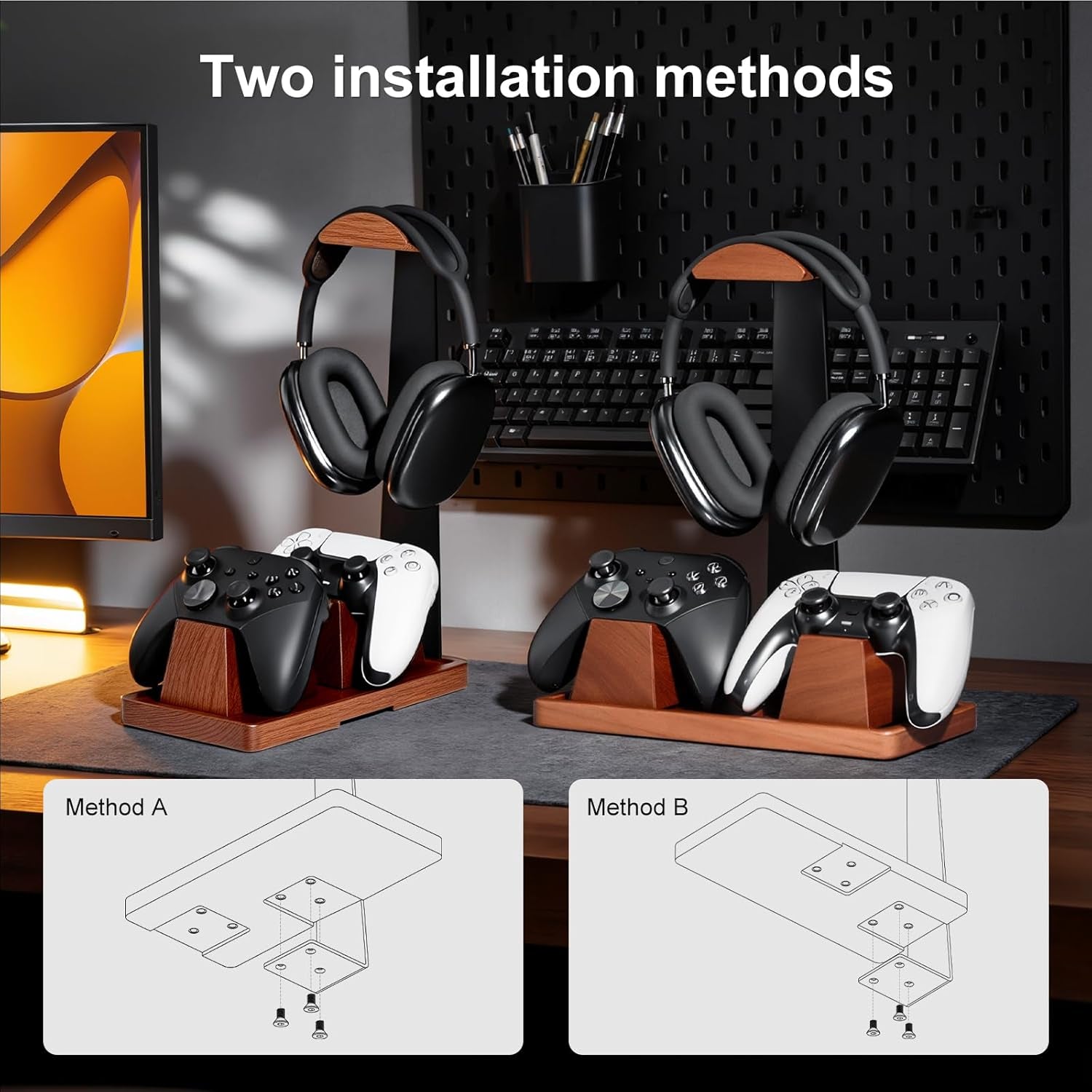 Headphone and Headset Stand with Controller Holders for Gaming Desk | Solid Wood, Holds 2 Controllers, Storage Tray for Gaming Accessories, Compatible with PS5 and Xbox