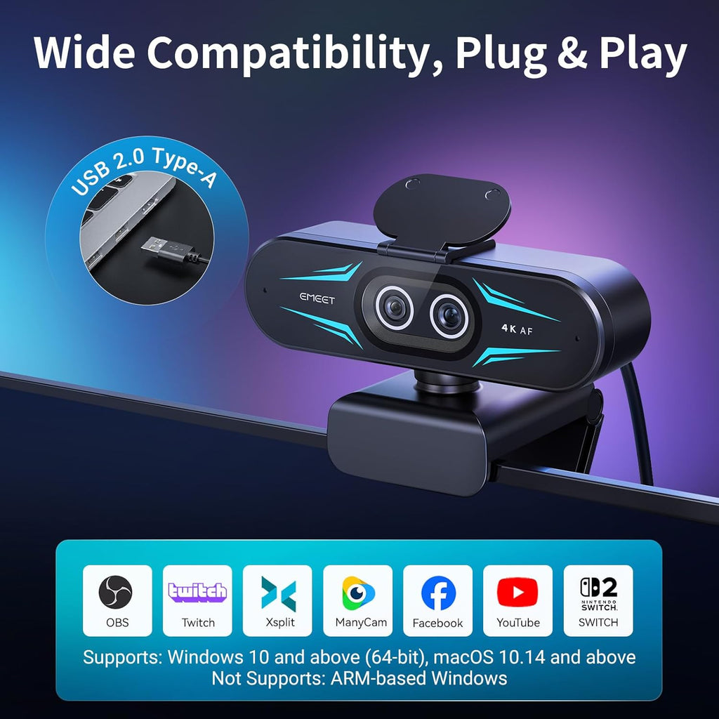 C60E Dual-Camera 4K Webcam for Streaming, Wide-Angle & Telephoto | Max 11X Hybrid Zoom & PDAF Autofocus, Remote Control, RGB Lighting, 2 Mics, Ideal for Livestreaming and Online Meeting