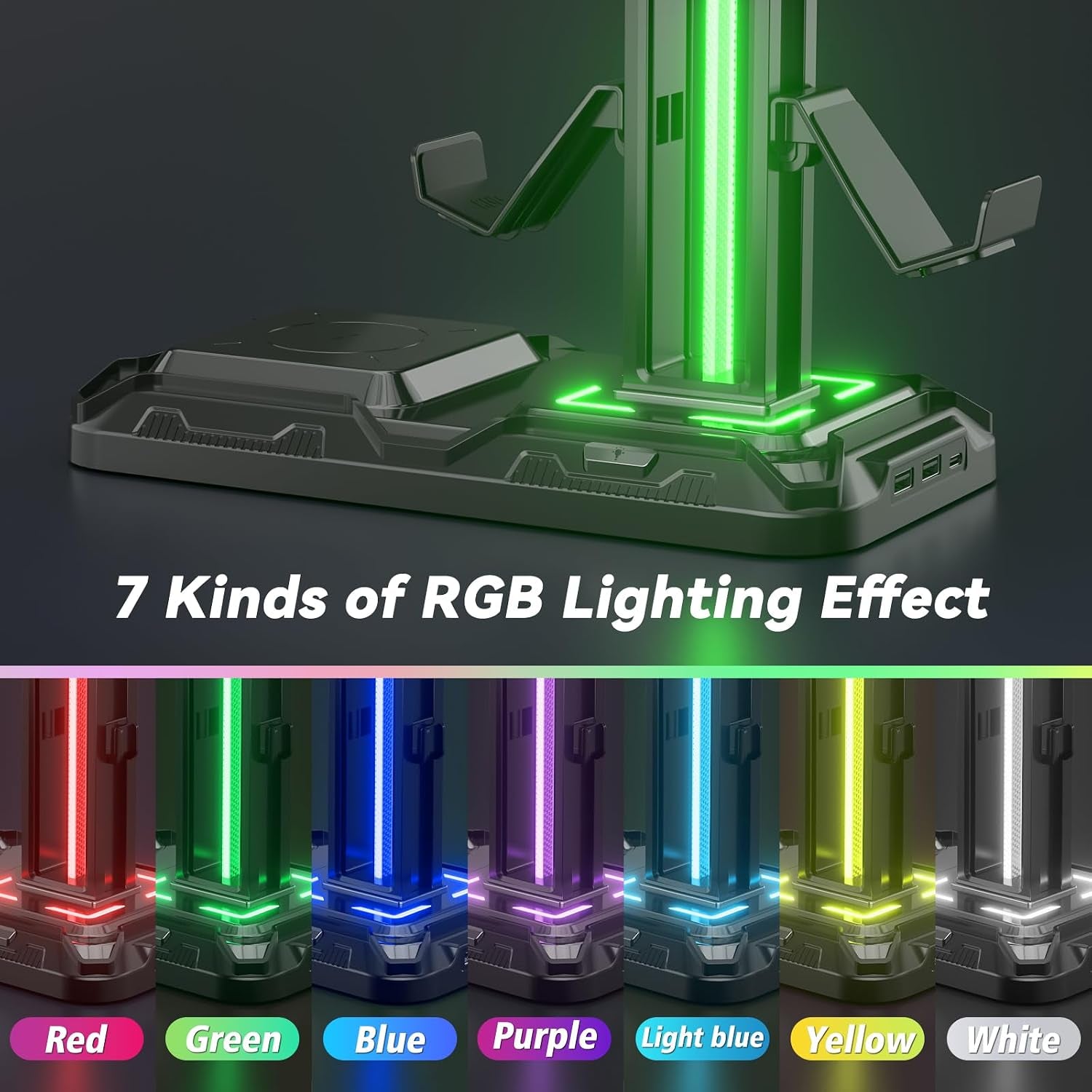 Headphone & Controller Stand with Wireless Charging - Rotatable Headset Stand with 9 Light Modes - Controller Holder with 2 USB and Type C Ports - for Gamers Desktop Accessories