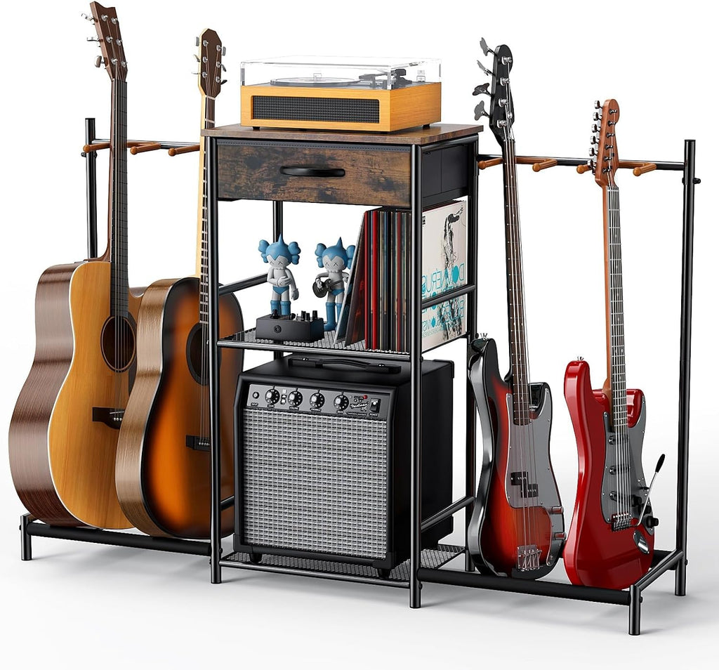 Guitar Stands Floor with 4 Guitar Holders, 3-Tier Guitar Stand Multiple Guitars, Guitar Rack with Amp Stand & Cloth Drawer, Multi Guitar Stand for Music Studio, Guitar Accessories Gift for Music Lover | Guitar Rack with Amp Holders & Cloth Drawer,3-Tier M