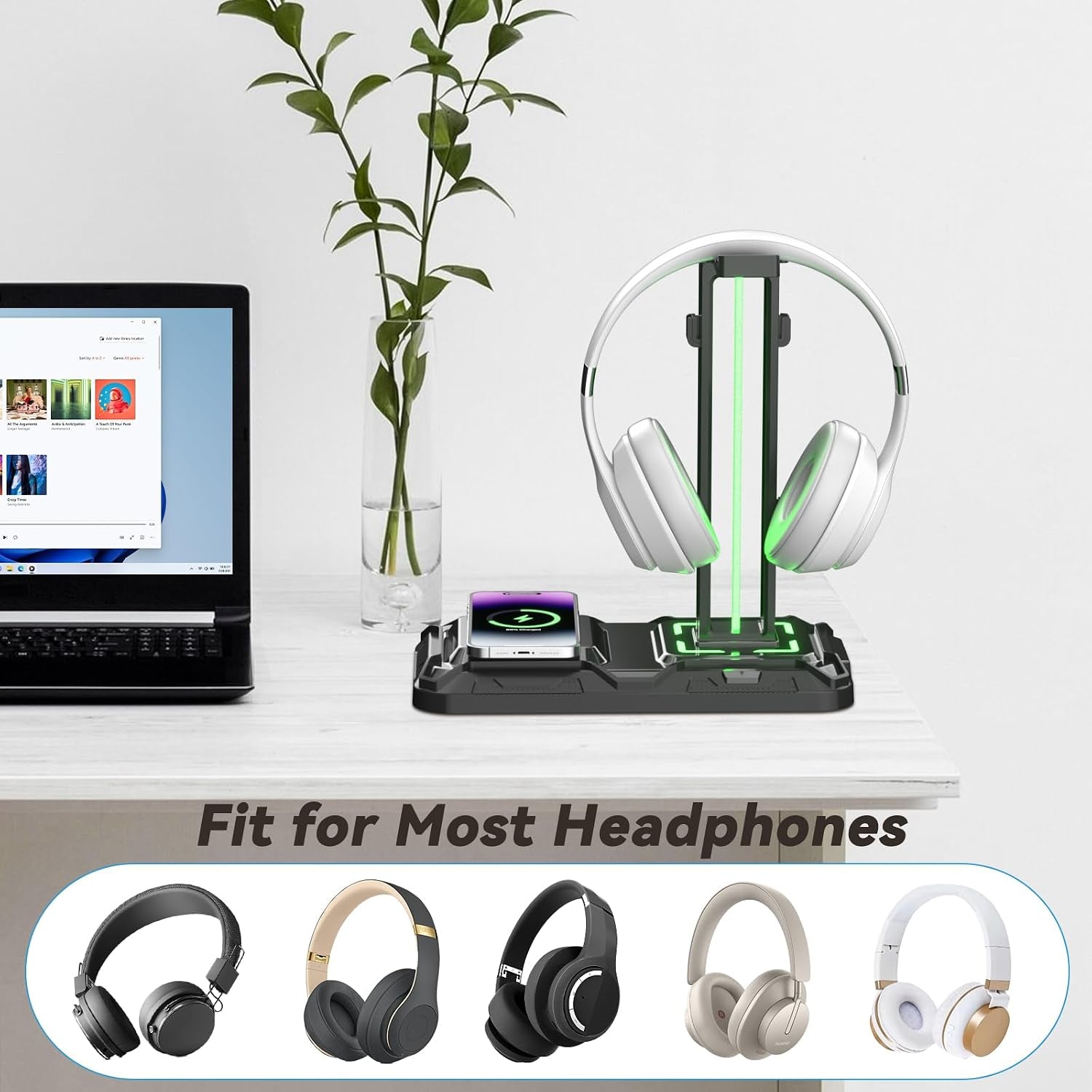 Headphone & Controller Stand with Wireless Charging - Rotatable Headset Stand with 9 Light Modes - Controller Holder with 2 USB and Type C Ports - for Gamers Desktop Accessories
