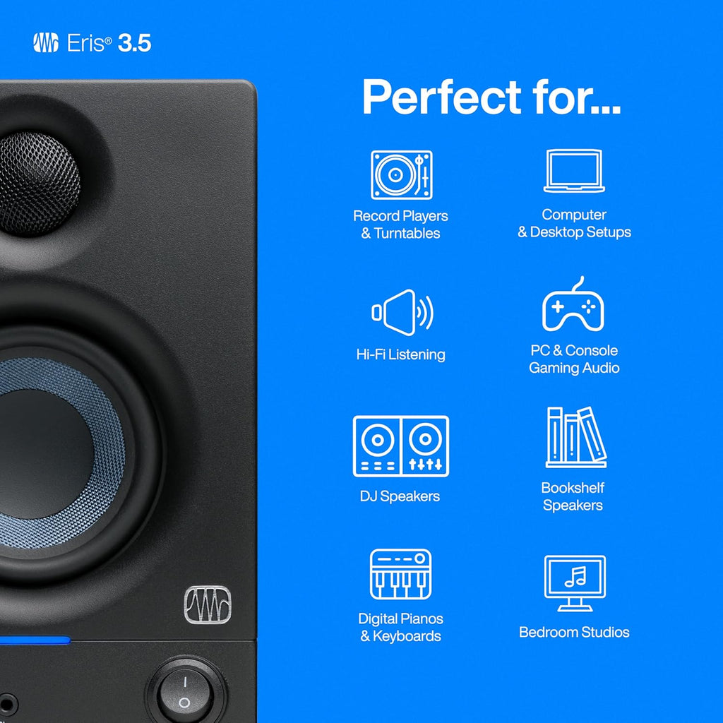 Eris 3.5 Powered Studio Monitors, Pair — 3.5” Active near | -Field Desktop Speakers for Music Production, Gaming, Movies & Hi-Fi | 50W, Woven-Composite Woofer, Silk-Dome Tweeter, Black