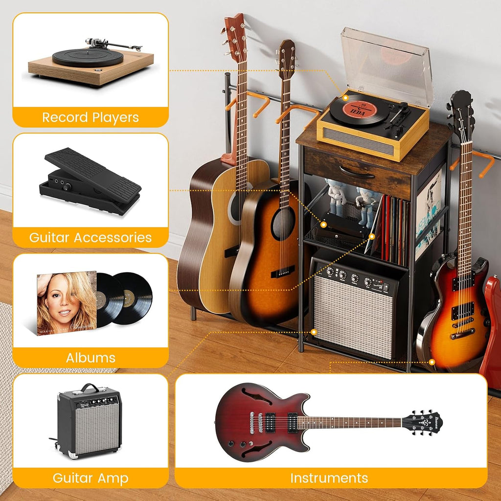 Guitar Stands Floor with 4 Guitar Holders, 3-Tier Guitar Stand Multiple Guitars, Guitar Rack with Amp Stand & Cloth Drawer, Multi Guitar Stand for Music Studio, Guitar Accessories Gift for Music Lover | Guitar Rack with Amp Holders & Cloth Drawer,3-Tier M