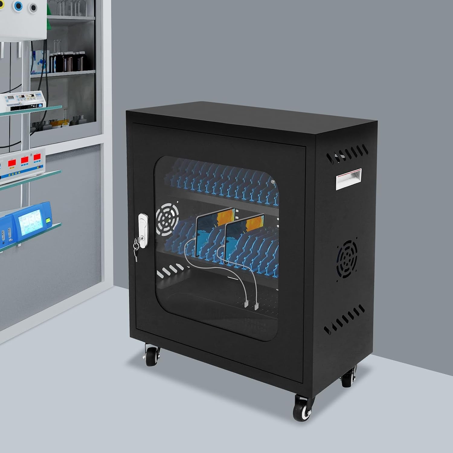 40-Device Charging Station, Charging Cabinet for Cellphones & Tablet Computers, Rechargeable Cellphone Locker Storage Charging Station, Locking Laptop Storage Box with Cable Management