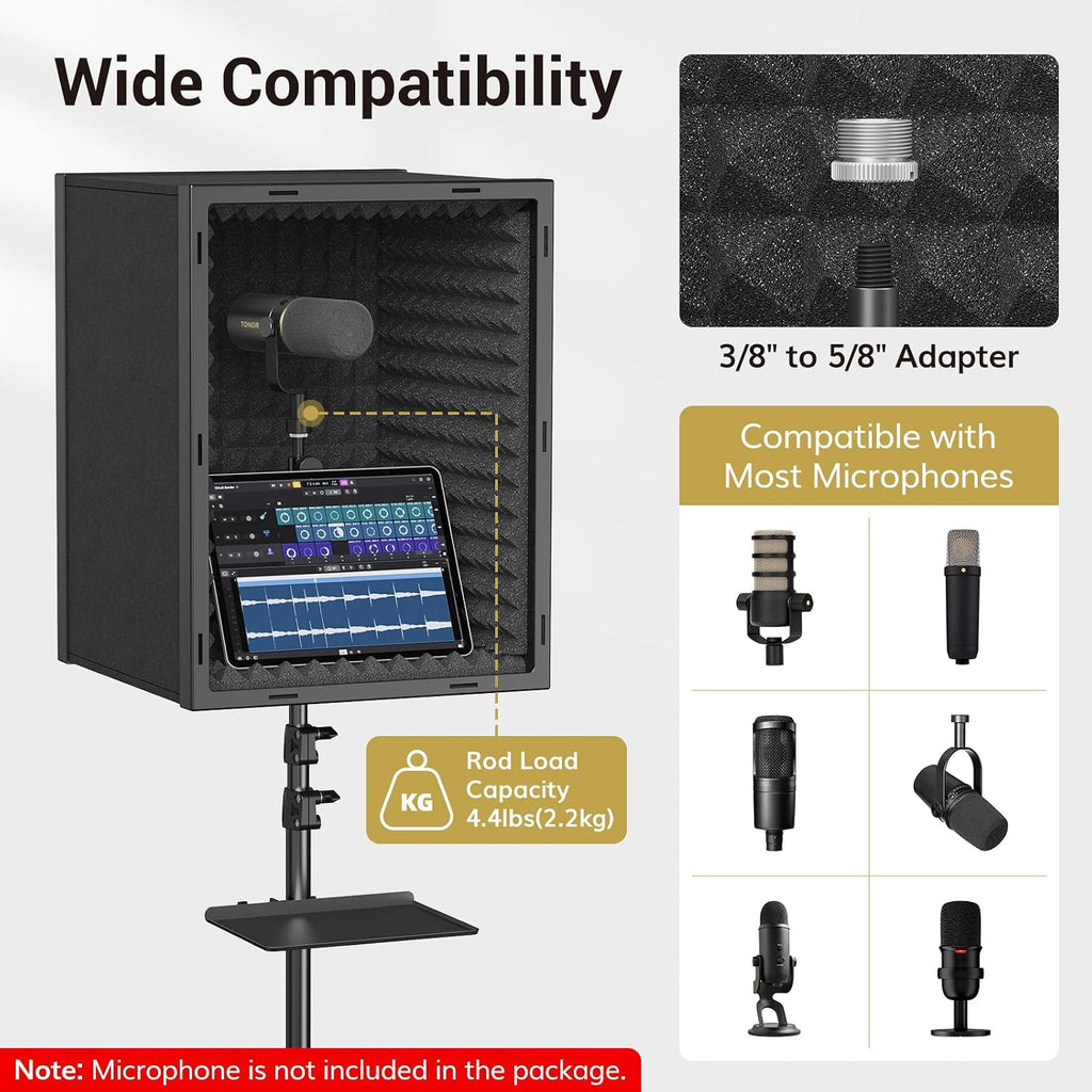 Microphone Isolation Shield, Professional Mic Shield for Studio with Tripod Stand, Adjustable Height Max 53.1 Inch, Sound Proof Box for Singing, Recording Studio Equipment