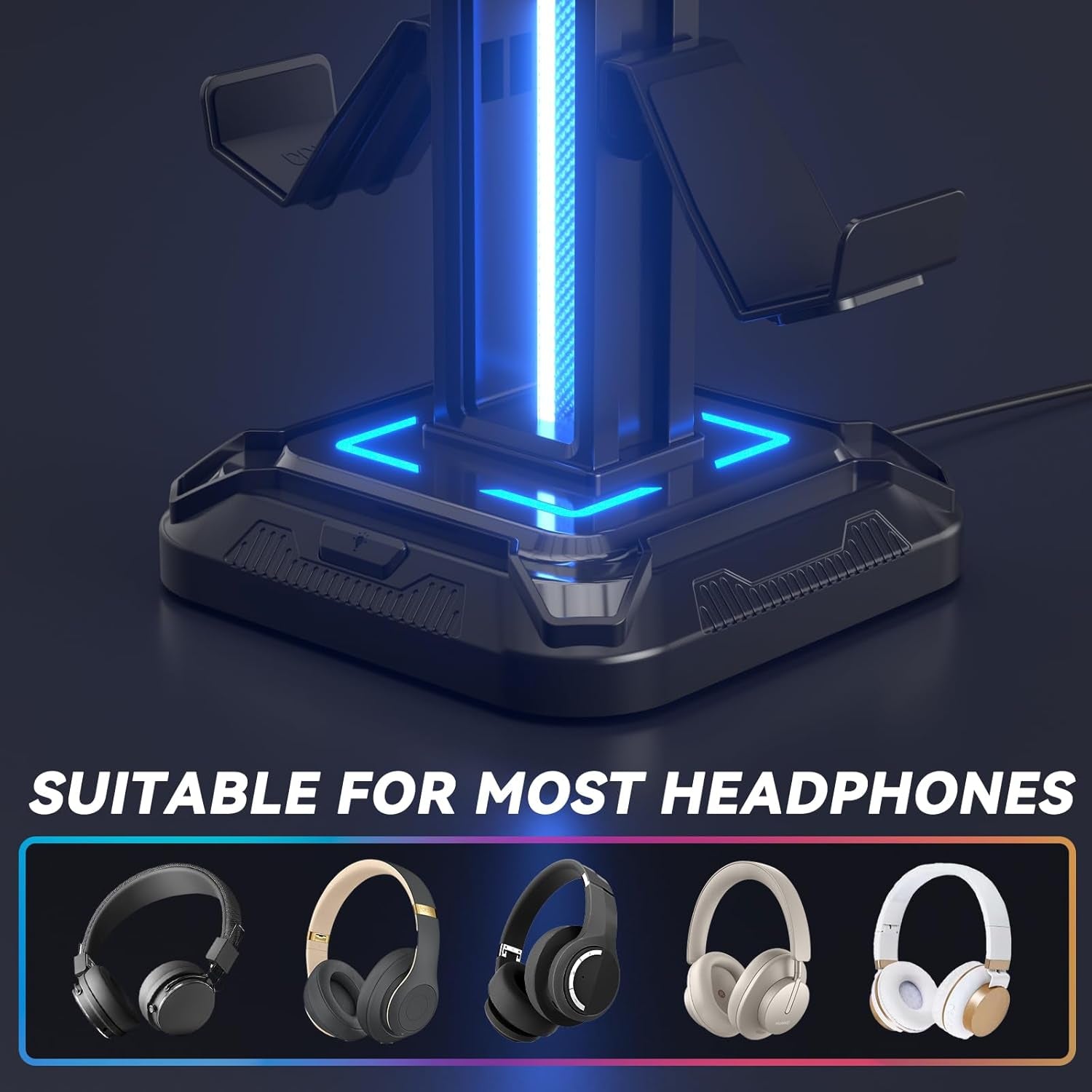 RGB Headset Stand with 9 Light Modes - Controller Holder for Desk - Rotatable Headphone Stand & Detachable Controller Hook for PC Earphone Accessories(Black)
