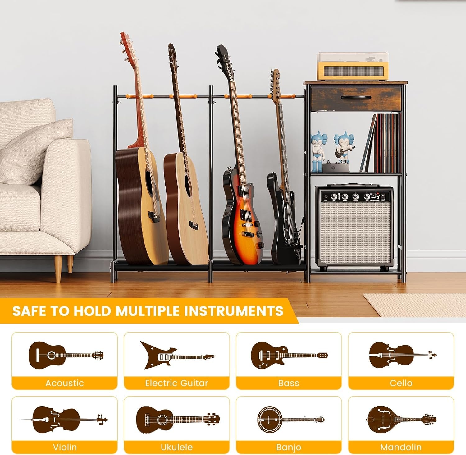 Guitar Stands Floor with 4 Guitar Holders, 3-Tier Guitar Stand Multiple Guitars, Guitar Rack with Amp Stand & Cloth Drawer, Multi Guitar Stand for Music Studio, Guitar Accessories Gift for Music Lover | Guitar Rack with Amp Holders & Cloth Drawer,3-Tier M