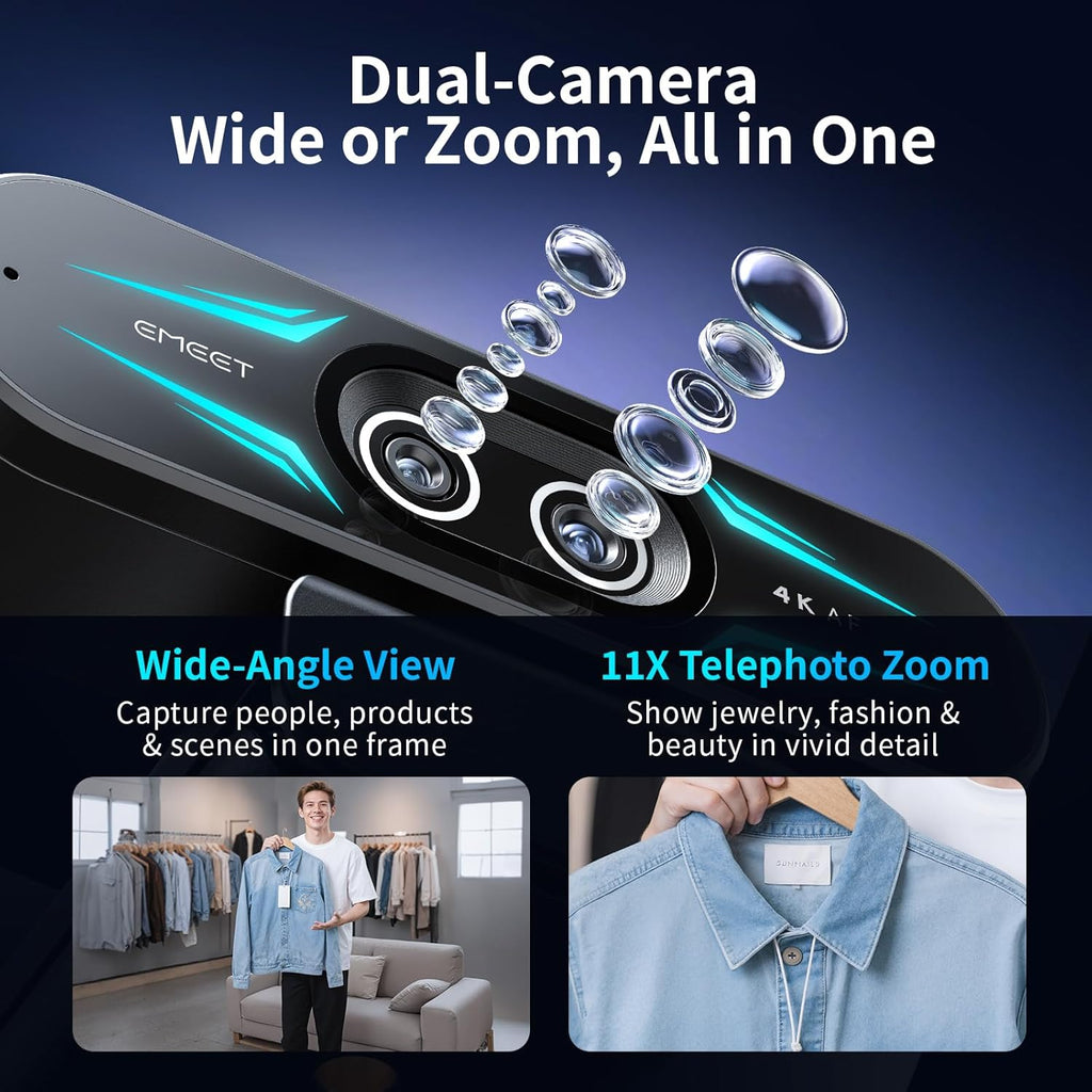 C60E Dual-Camera 4K Webcam for Streaming, Wide-Angle & Telephoto | Max 11X Hybrid Zoom & PDAF Autofocus, Remote Control, RGB Lighting, 2 Mics, Ideal for Livestreaming and Online Meeting