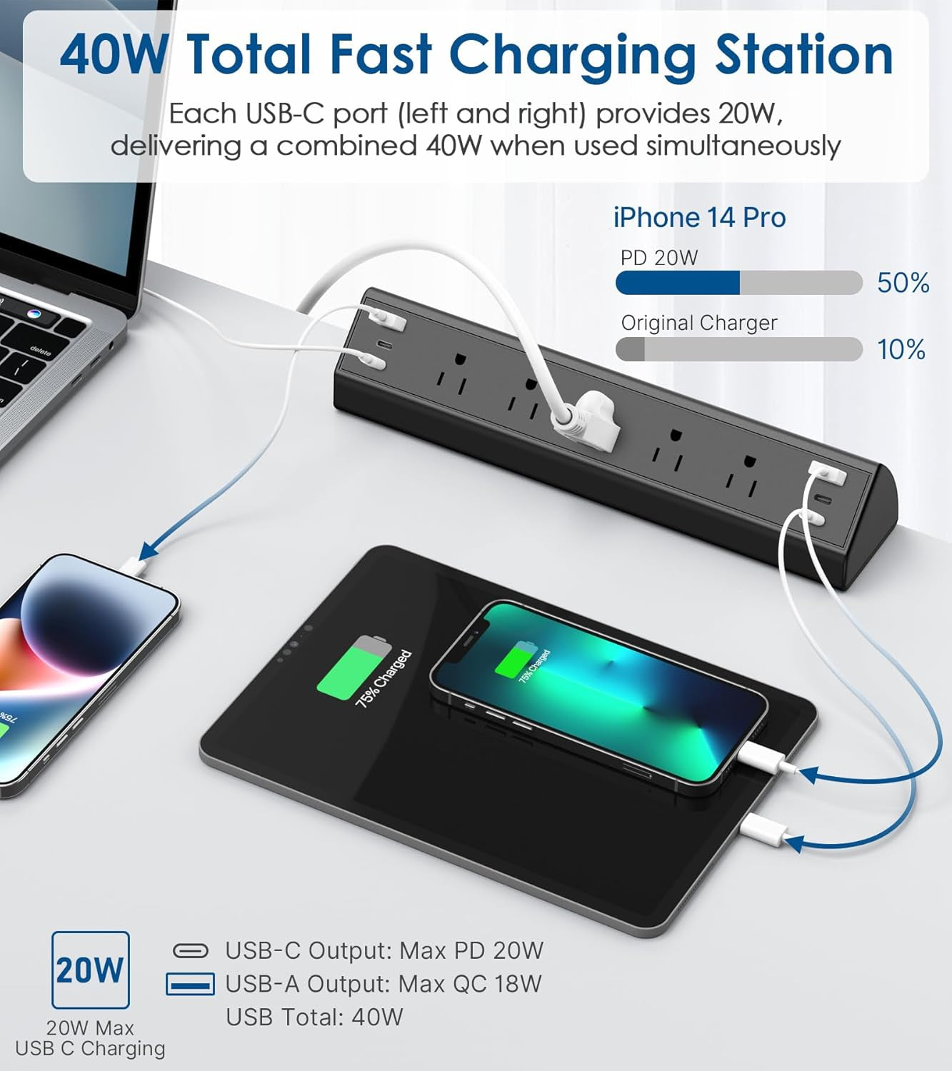 Desk Clamp Power Strip USB C,40W Total Fast Charging Station,4 PD 20W USB C Ports,Desk Edge Mount Surge Protector,5 Outlets,Fit 1.96" Tabletop Edge,Etl Listed | 1200J,Total 40W Charging Hub,5 Outlets & 6 USB, 6FT Extension Cord, Fits 1.96" Desktop Edge – Office,Gaming,Dorm